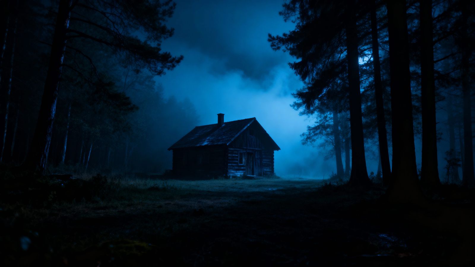 Mysterious Foggy Forest Cabin at Night