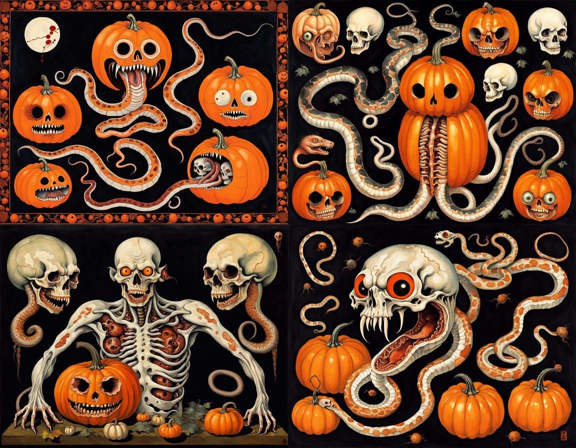 Mythical Halloween Horror: Pumpkin Snake Ghost in Surrealist...