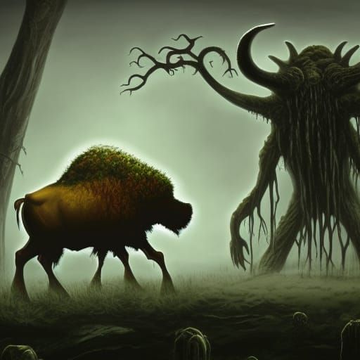 Huge fungal infested zombie bison, elder god, looming, ominous, eldritch, doom
