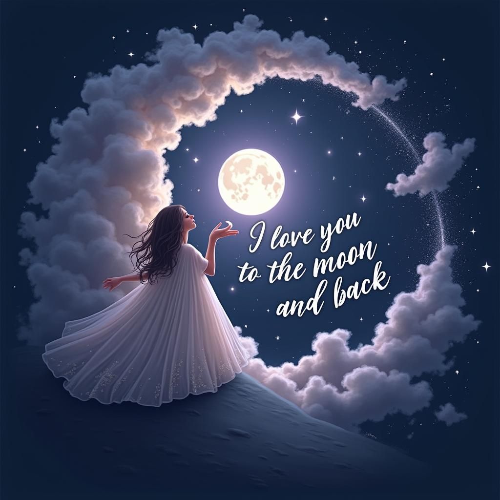 Whimsical Woman Under Starry Sky with Moon