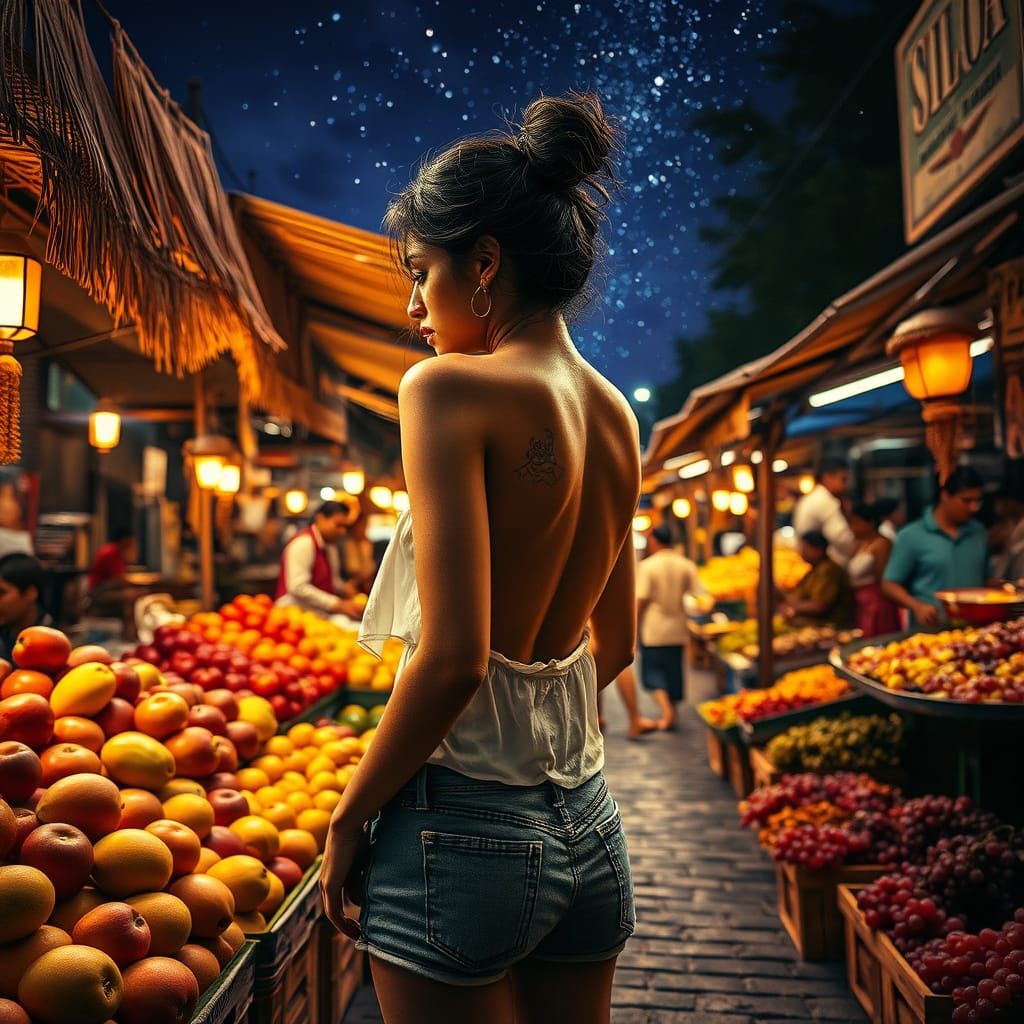 Sensual Night Market Scene with Vibrant Colors and Warm Ligh...