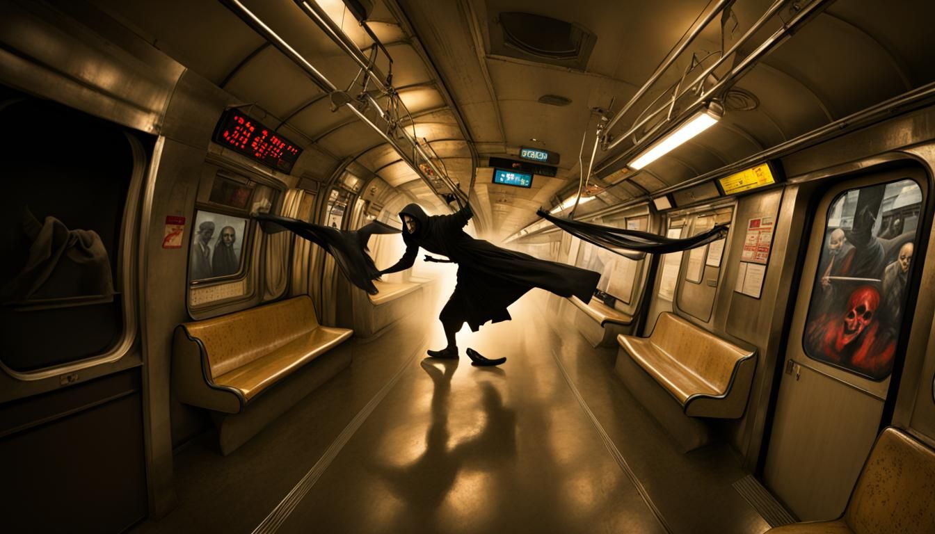 Man Dances with Grim Reaper in Subway Car