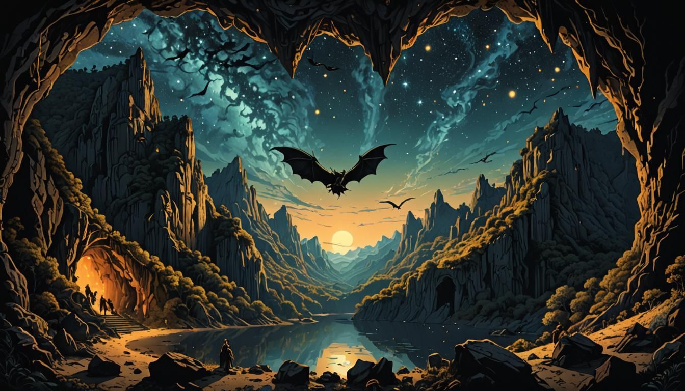 Bats Emerge from Cave in Neo-Primitivism Style