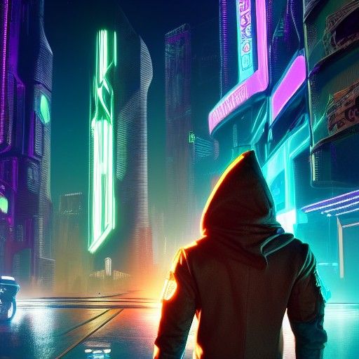 Cyberpunk Elf Archer in Neon Cityscape