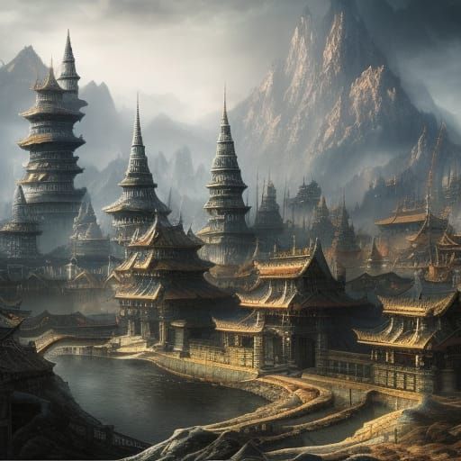 Dark Fantasy Cityscape with Medieval Asian Architecture
