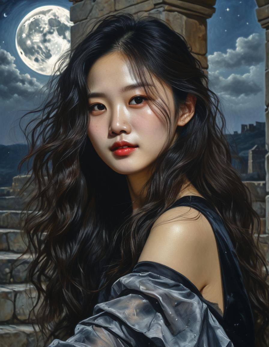 Chiaroscuro Oil Painting of Korean Woman in Castle