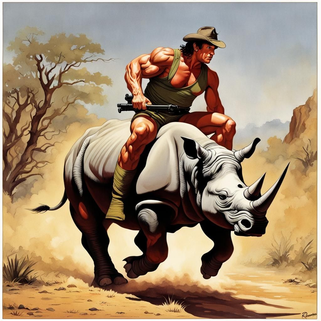 Rambo Rides Rhino: Retro Illustration