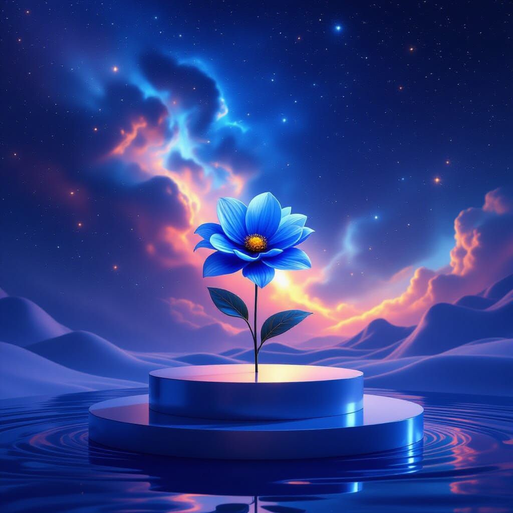 Blue Flower on Pedestal with Nebula, in Digital Art Style