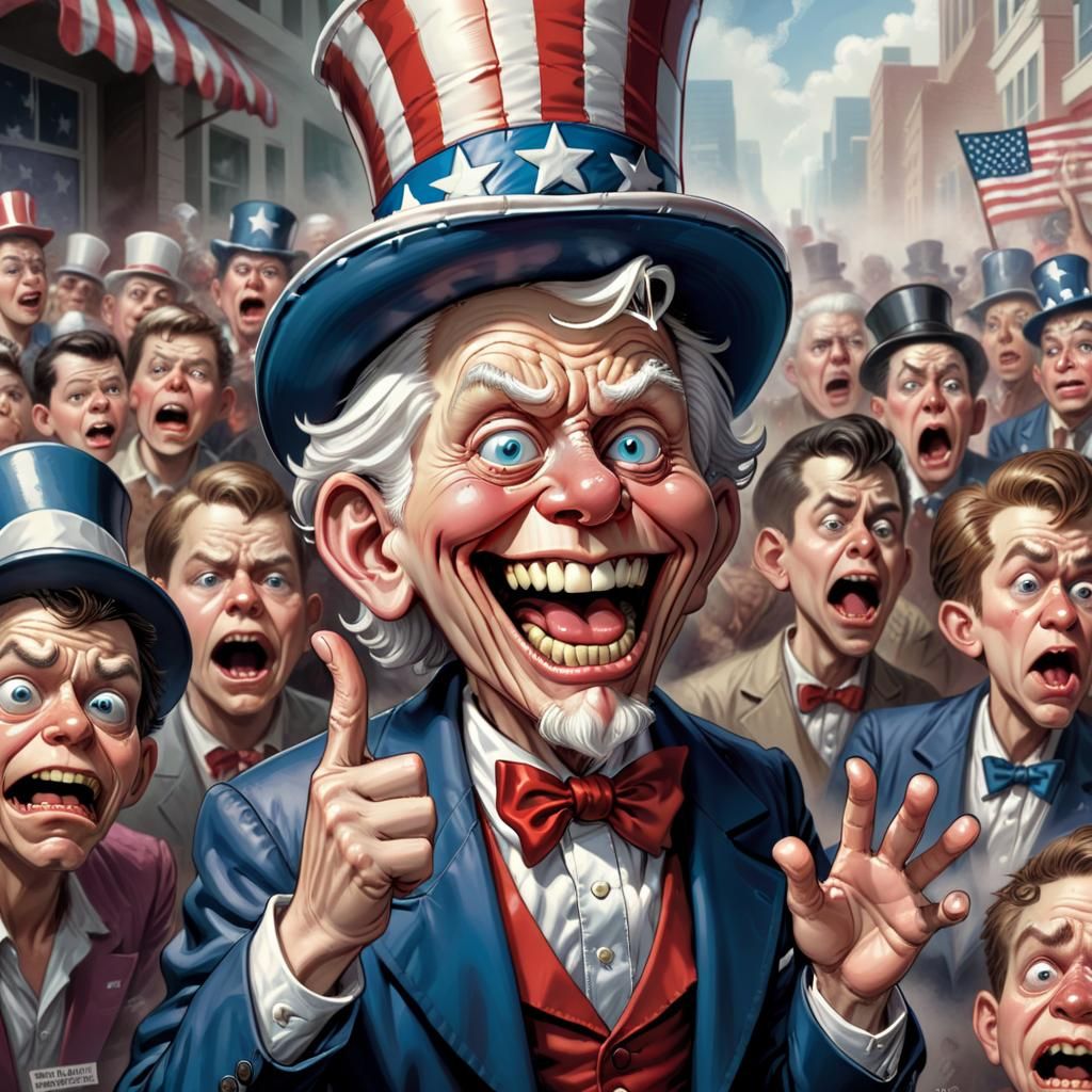 Alfred e. Neuman dressed as Uncle Sam. There is a disgusted crowd. ART Style MAD magazine