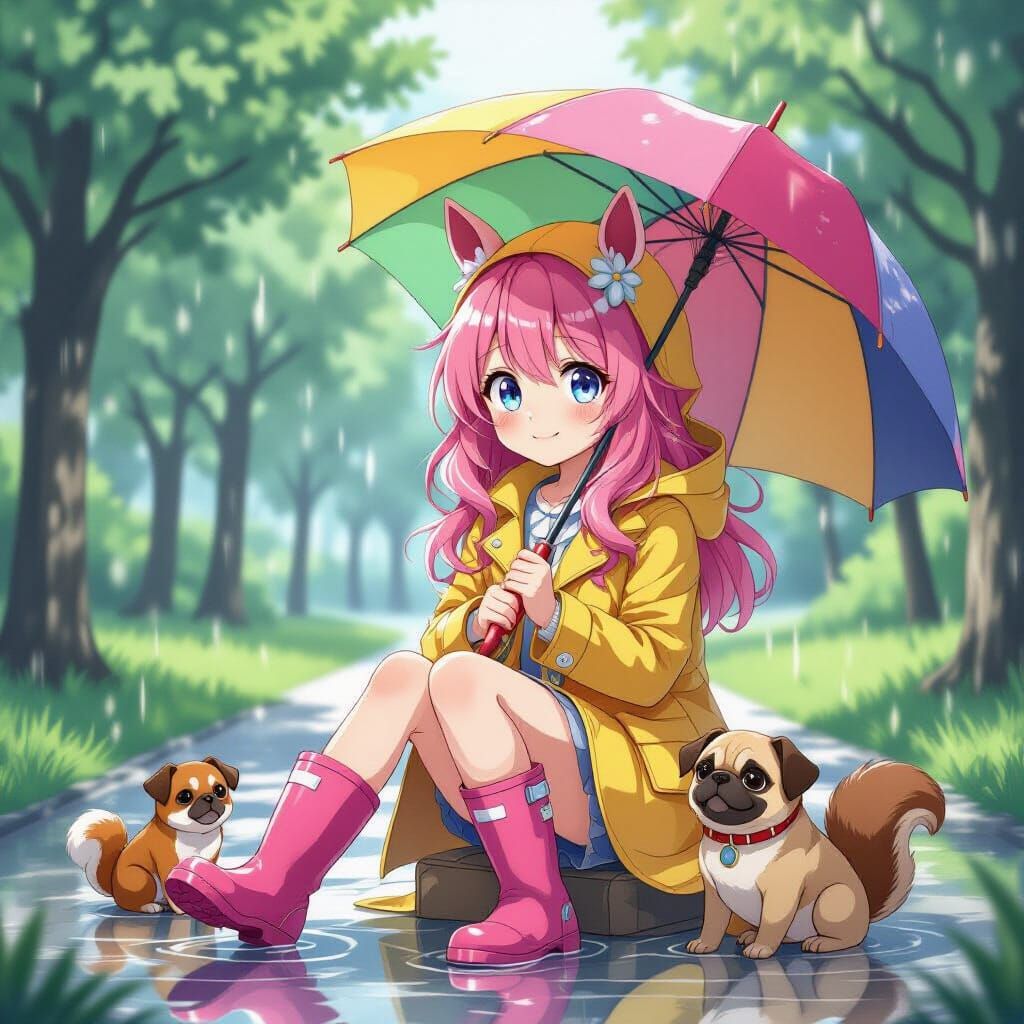 Anime Girl with Horse Ears in Misty Park
