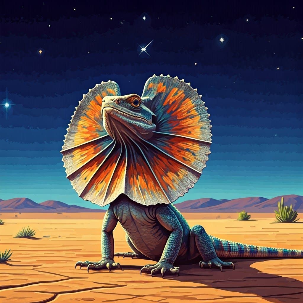 Frilled-Neck Lizard in Starry Desert, Folk Art Watercolor