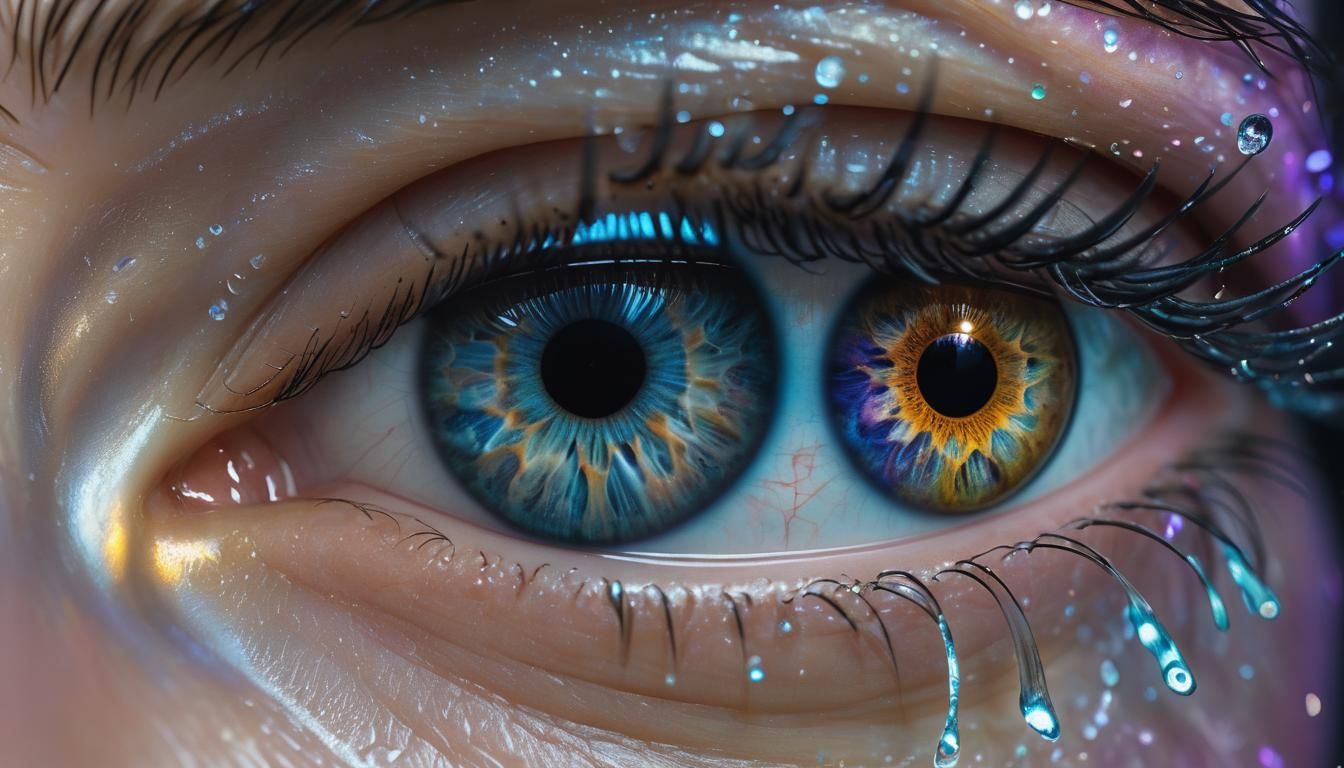 (Hyperrealistic:1.4) photo of a human eye, with a miniature city skyline reflected in the iris, tear ducts forming river...