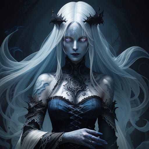 Spectral Banshee with Blue Tattoos in Gothic Style