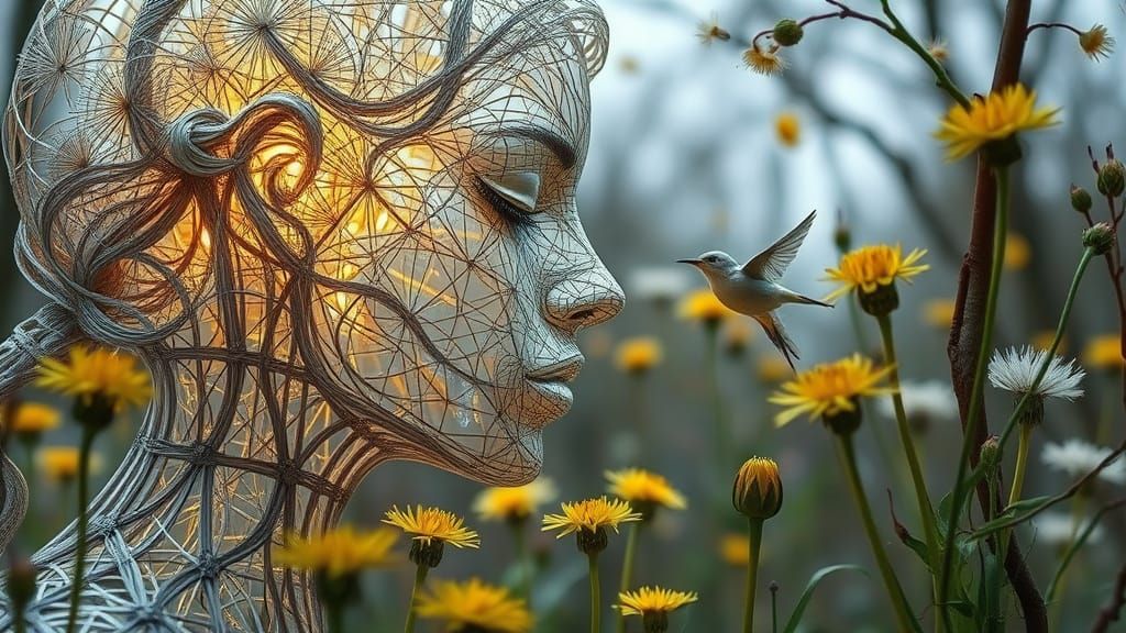 String Woman Kissing Bird in Ephemeral Garden Art