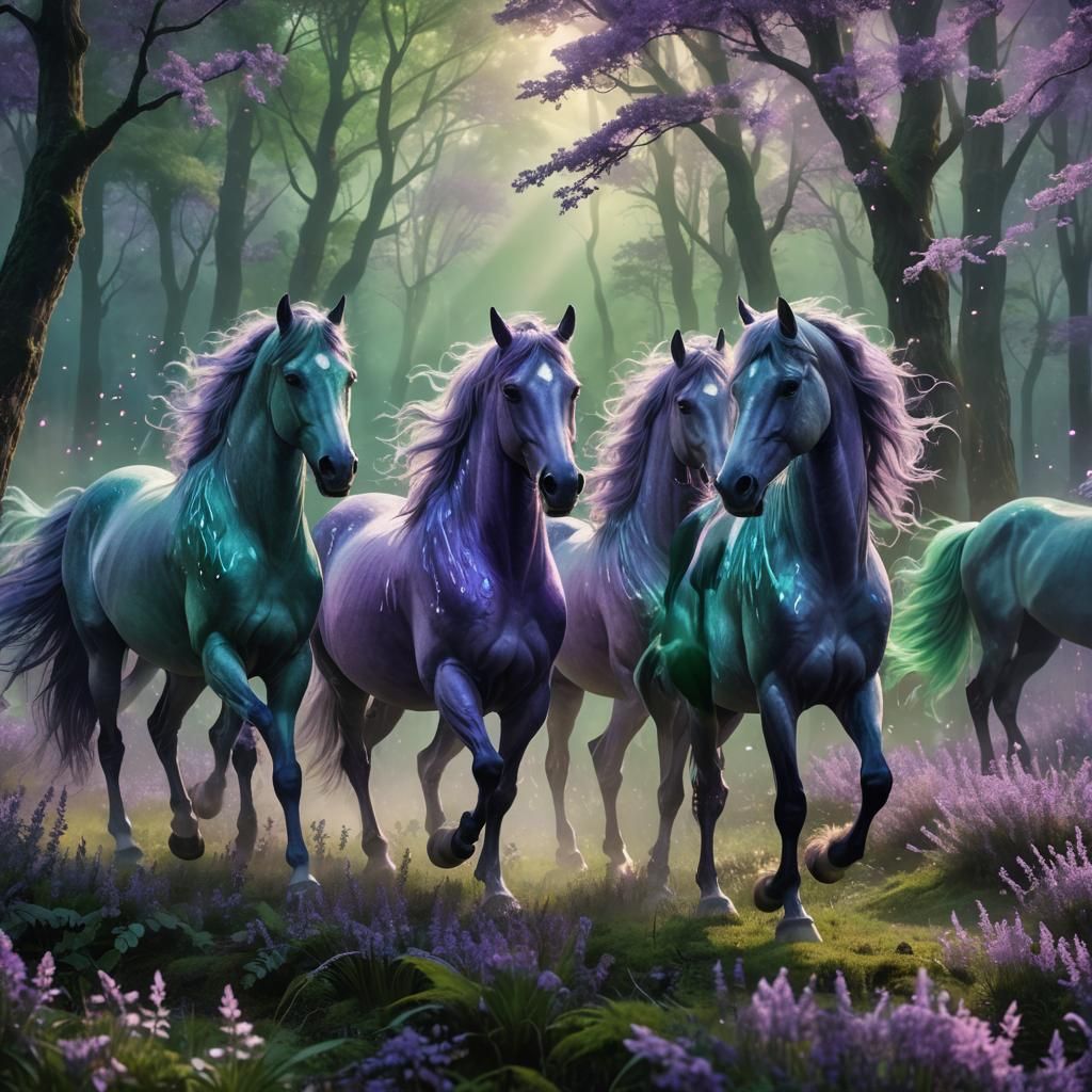 Mystical Purple Horses in Dreamlike Forest