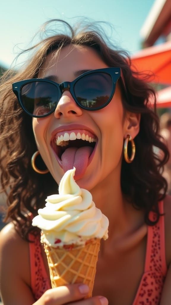 Joyful Woman Eats Ice Cream in Hyperrealistic Close-Up