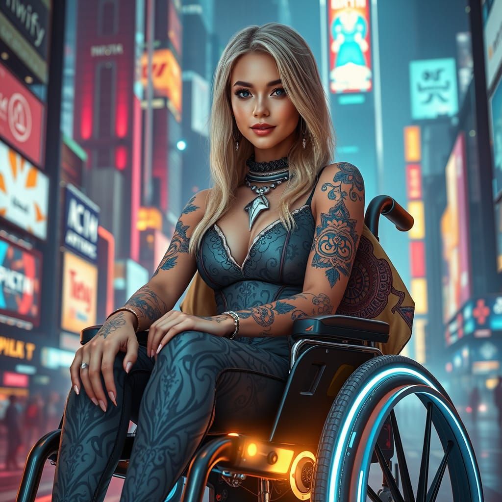 Glowing Electric Wheelchair Beauty in Futuristic Cityscape