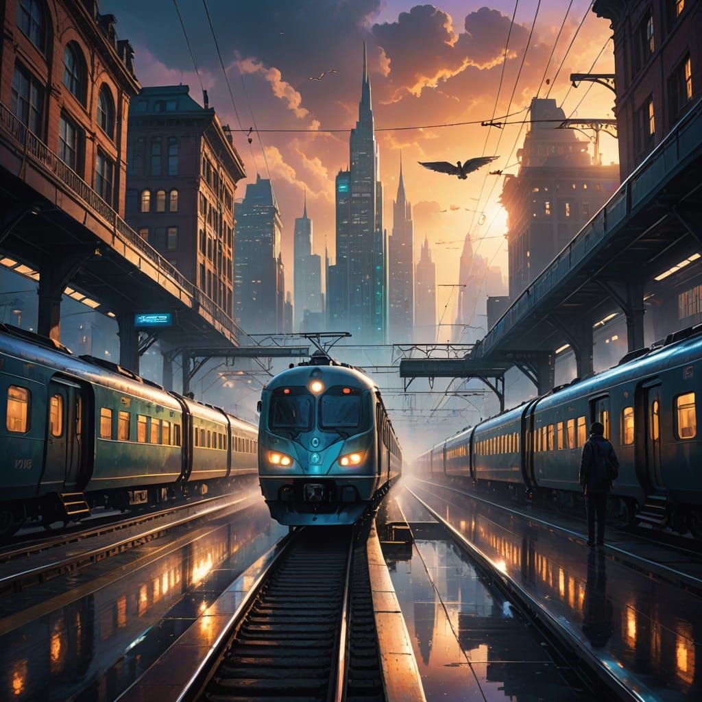 Surreal Train Soars Above Futuristic City in Neon Digital Ar...