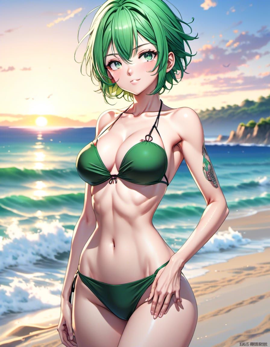 Green Haired Girl at Sunset Beach: Anime Art