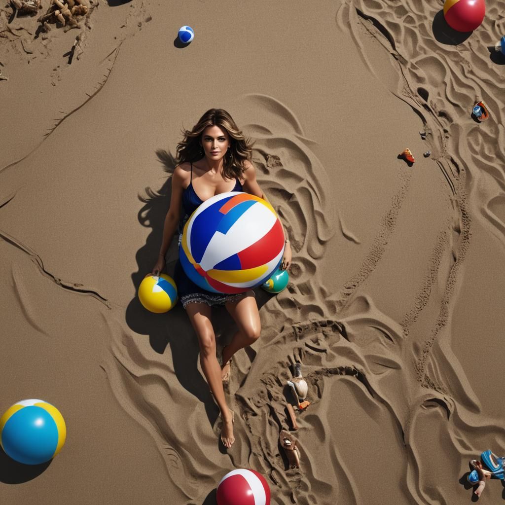 Elizabeth Hurley and Giant Beach Ball, Detailed Matte Painti...