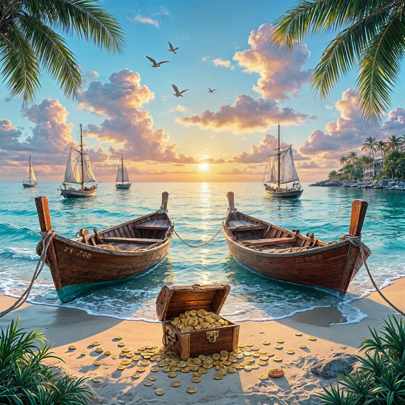 Dream Boats at Pastel Sunset Beach with Treasure