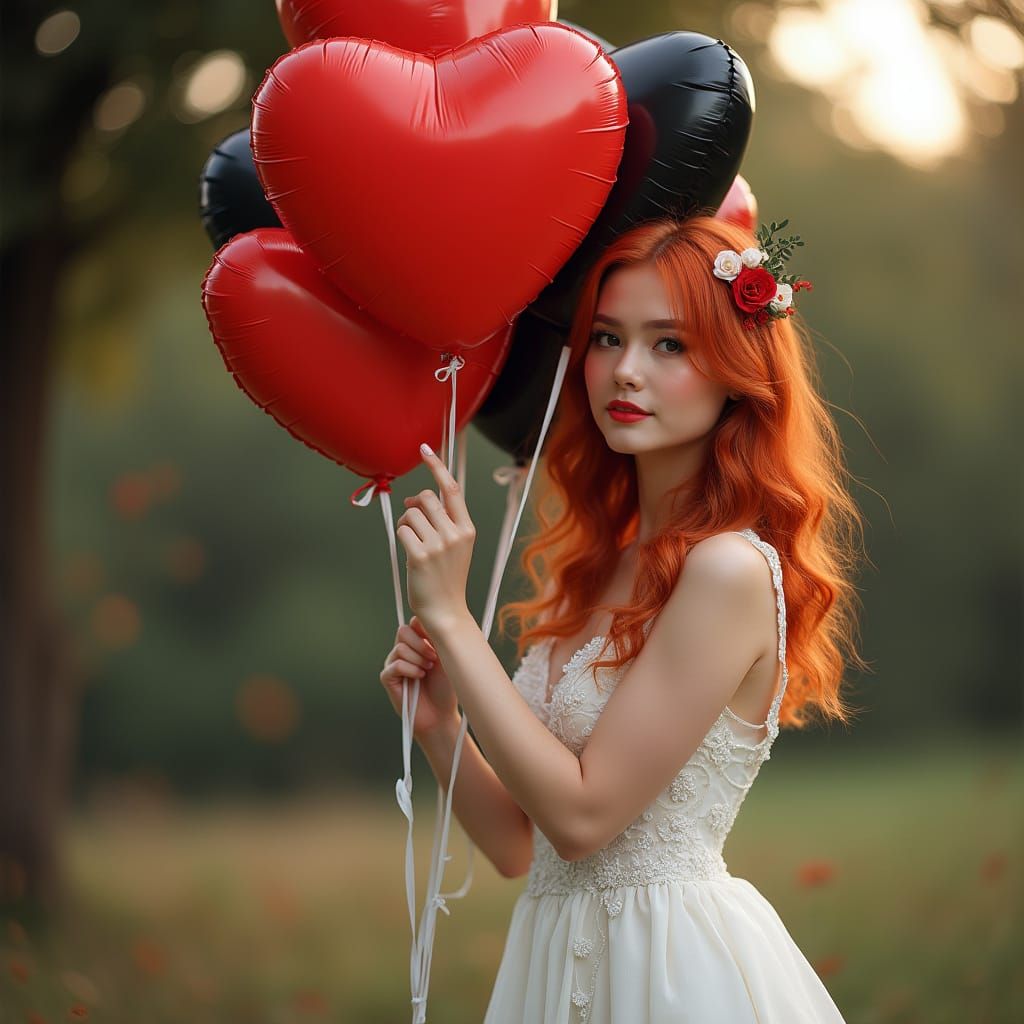 Dreamy Woman with Heart Balloons, Digital Illustration