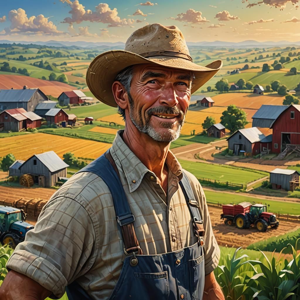 Happy Farmer Overlooking Farm in Hyperrealistic Splash Art