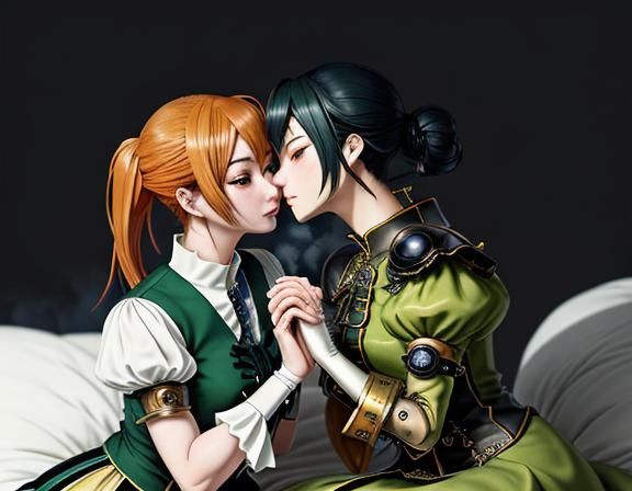 Steampunk Kemono Twin Sisters Kiss in Manga Style