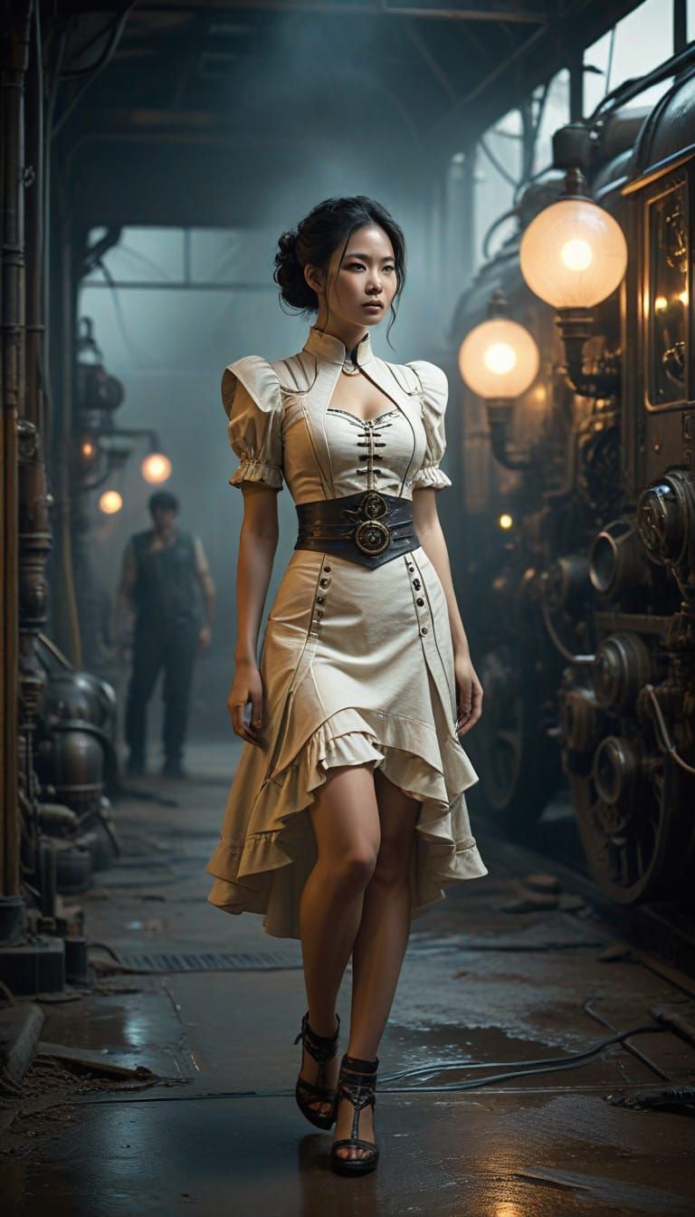 Elegant Steampunk Warrior in Cream Linen Dress
