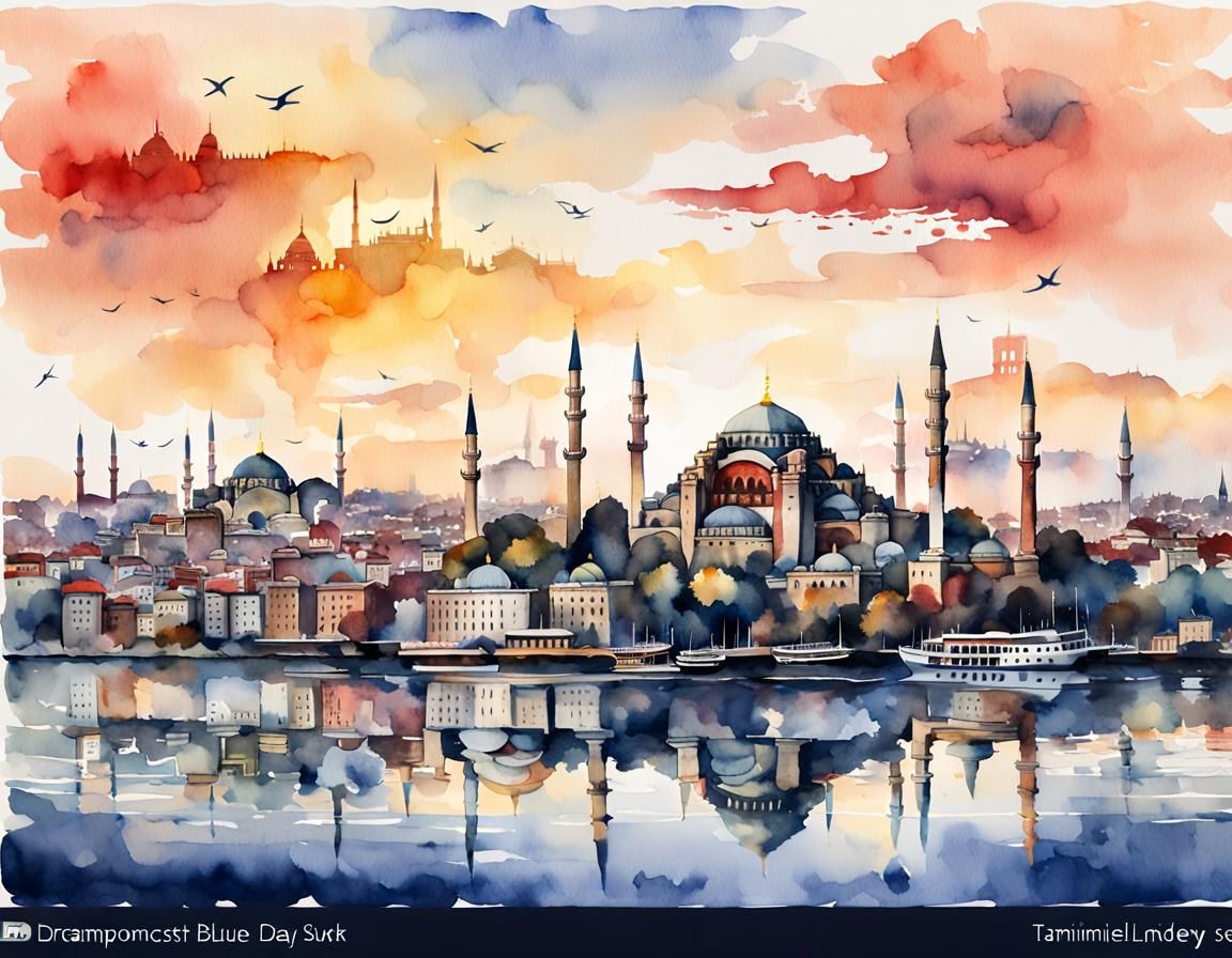 Istanbul Skyline Watercolor Painting at Sunset