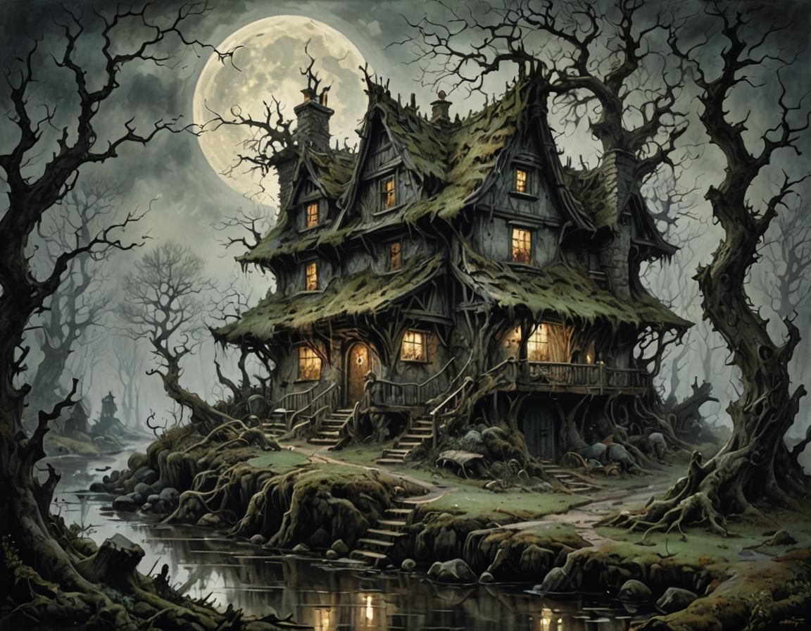 Creepy Witch Cottage in Dark Fantasy Woods