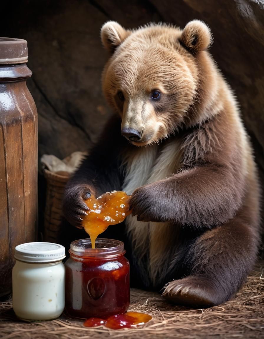 Brown Bear Cub Eating Jam in Cozy Den