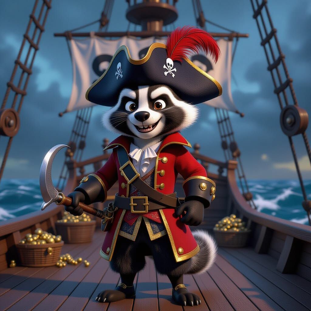 A CGI cartoon Badger dressed as Captain Hook on a pirate shi...