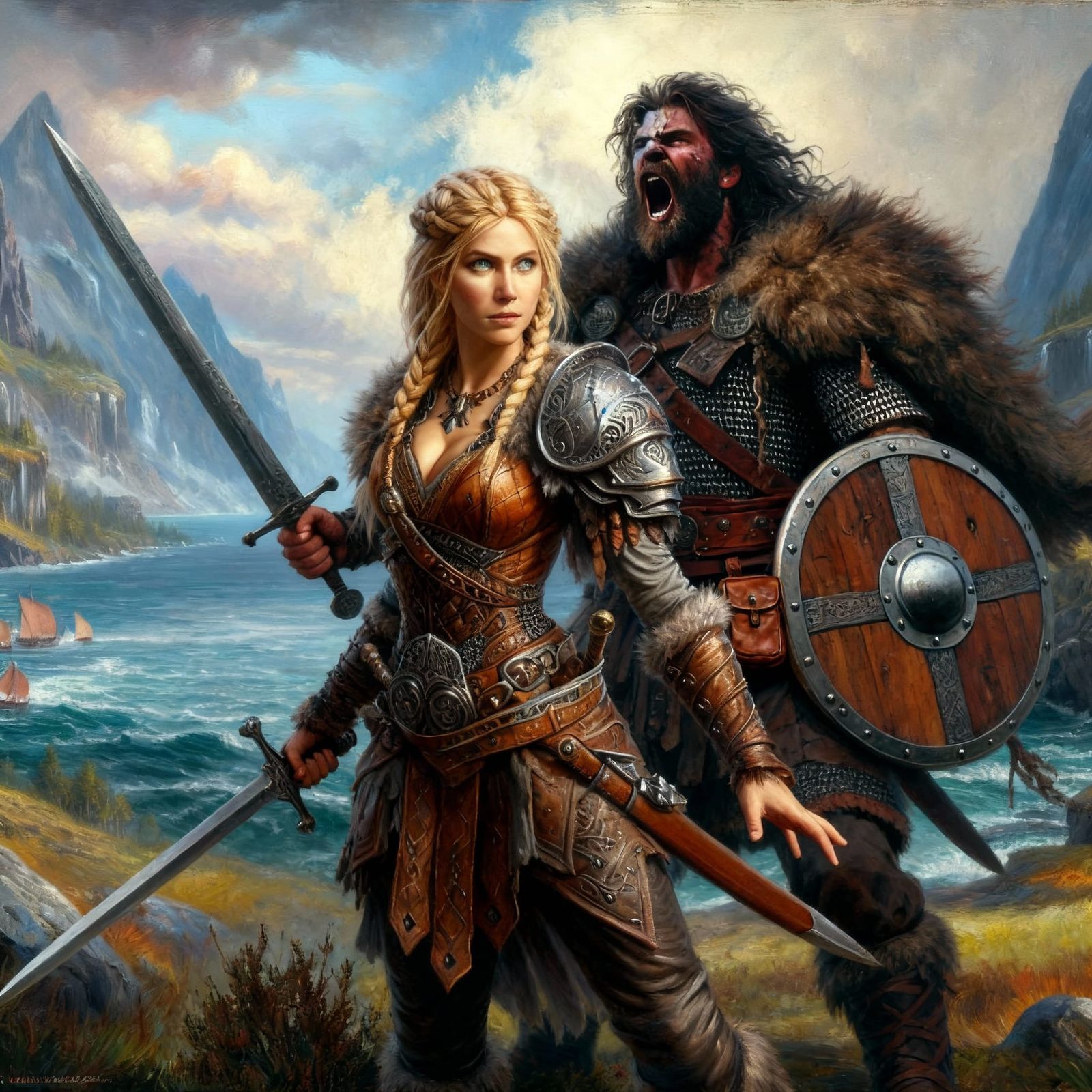 Bold Warrior Woman Faces Shouting Barbarian