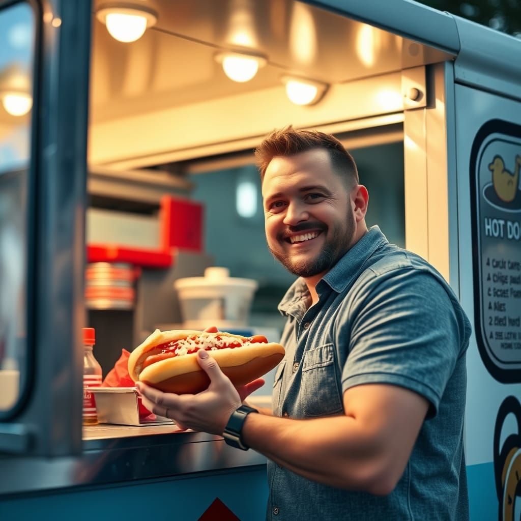 Happy Hot Dog Vendor at Food Truck: Professional Photography