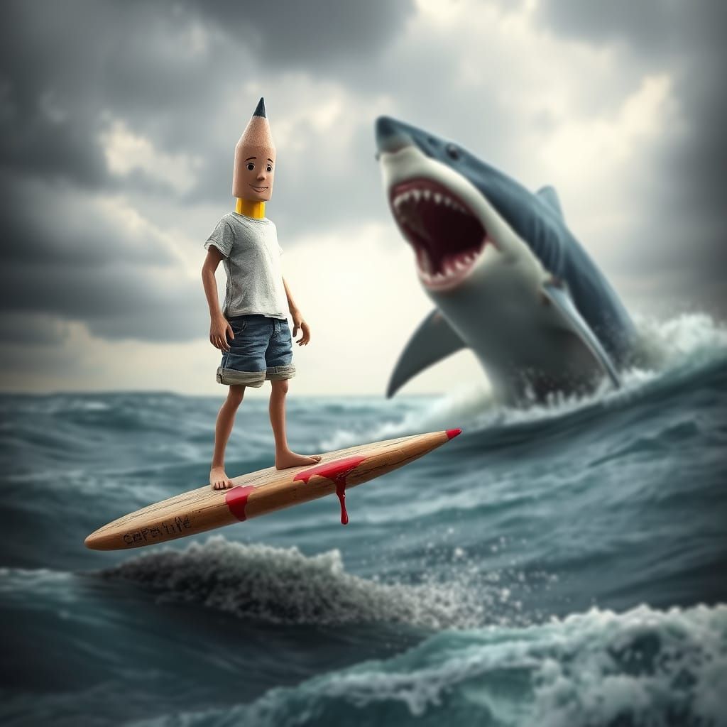 Humanoid Pencil Surfer Battles Shark in Turbulent Ocean