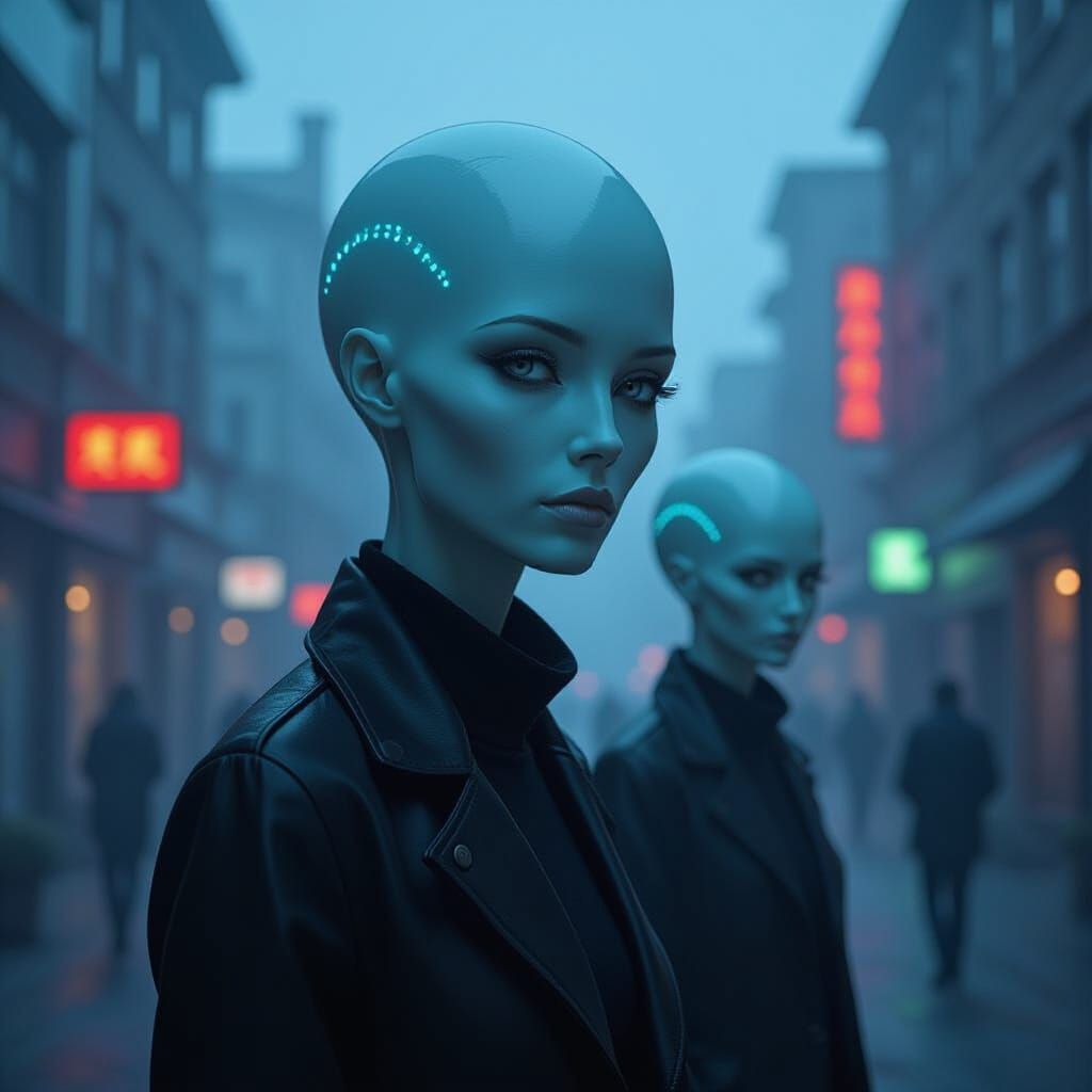 Surreal Elongated Figures in Misty Cyberpunk Cityscape