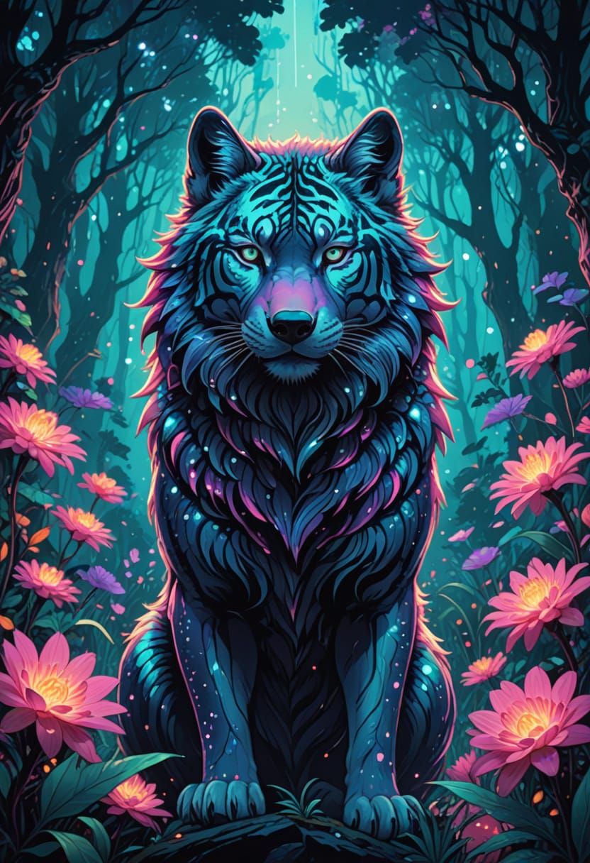 Fantasy Wolf Tiger Hybrid in Vibrant Forest Landscape