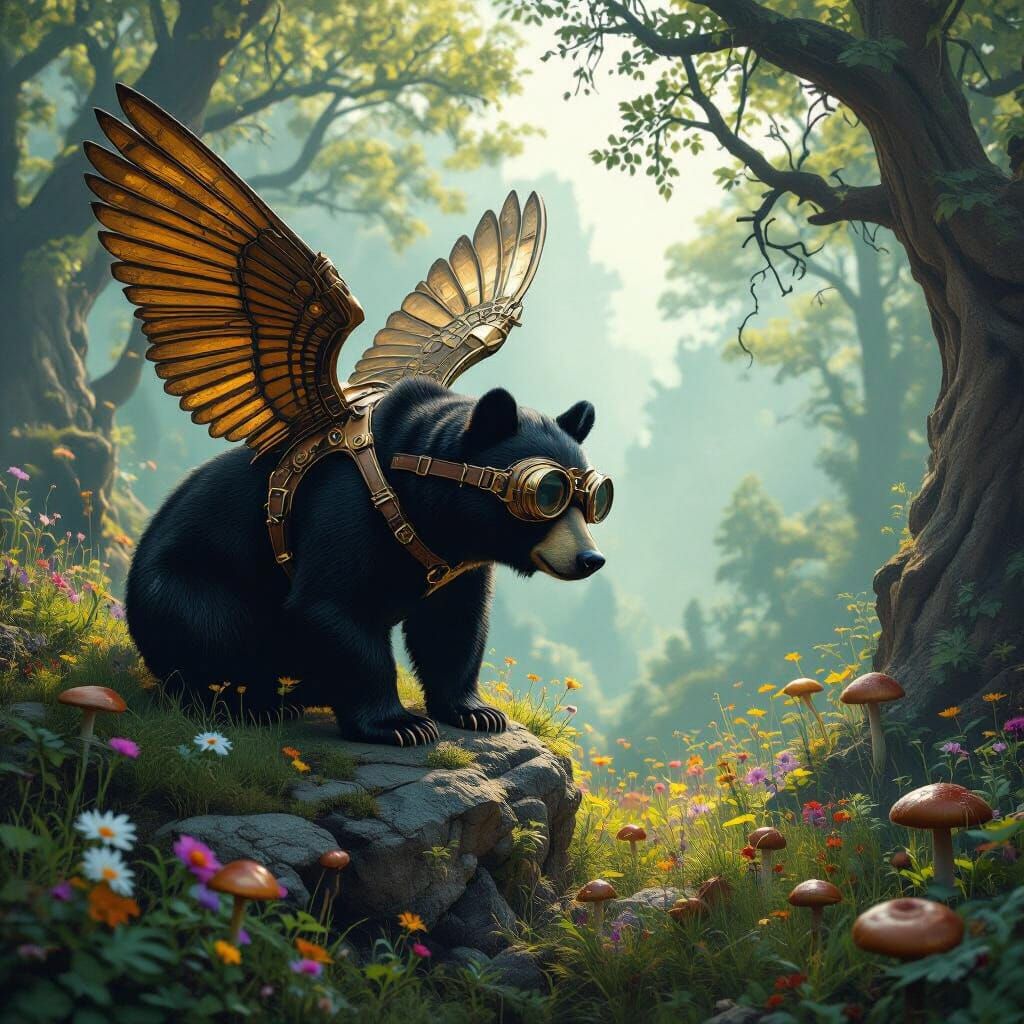 Steampunk Black Bear Overlooking Forest Clearing