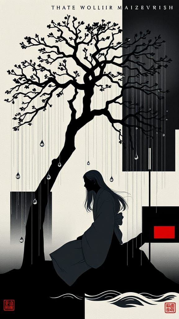 Minimalist Figure Under Stylized Chinese Tree in Gray Fog