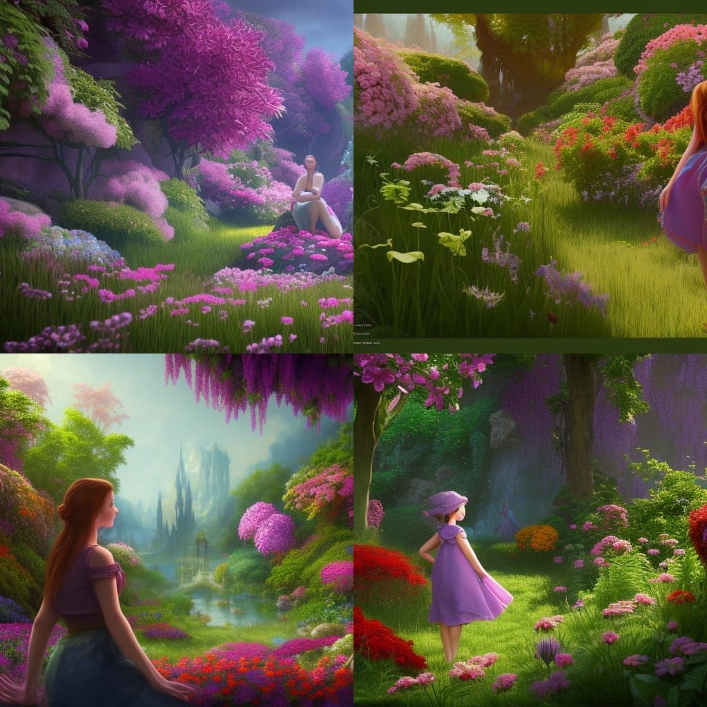 Girl Admiring Flowers in a Detailed Digital Painting