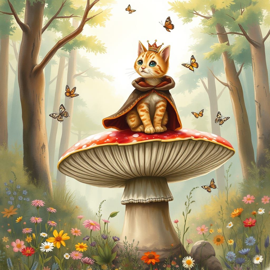 Whimsical Cat King on Mushroom in Painterly Style