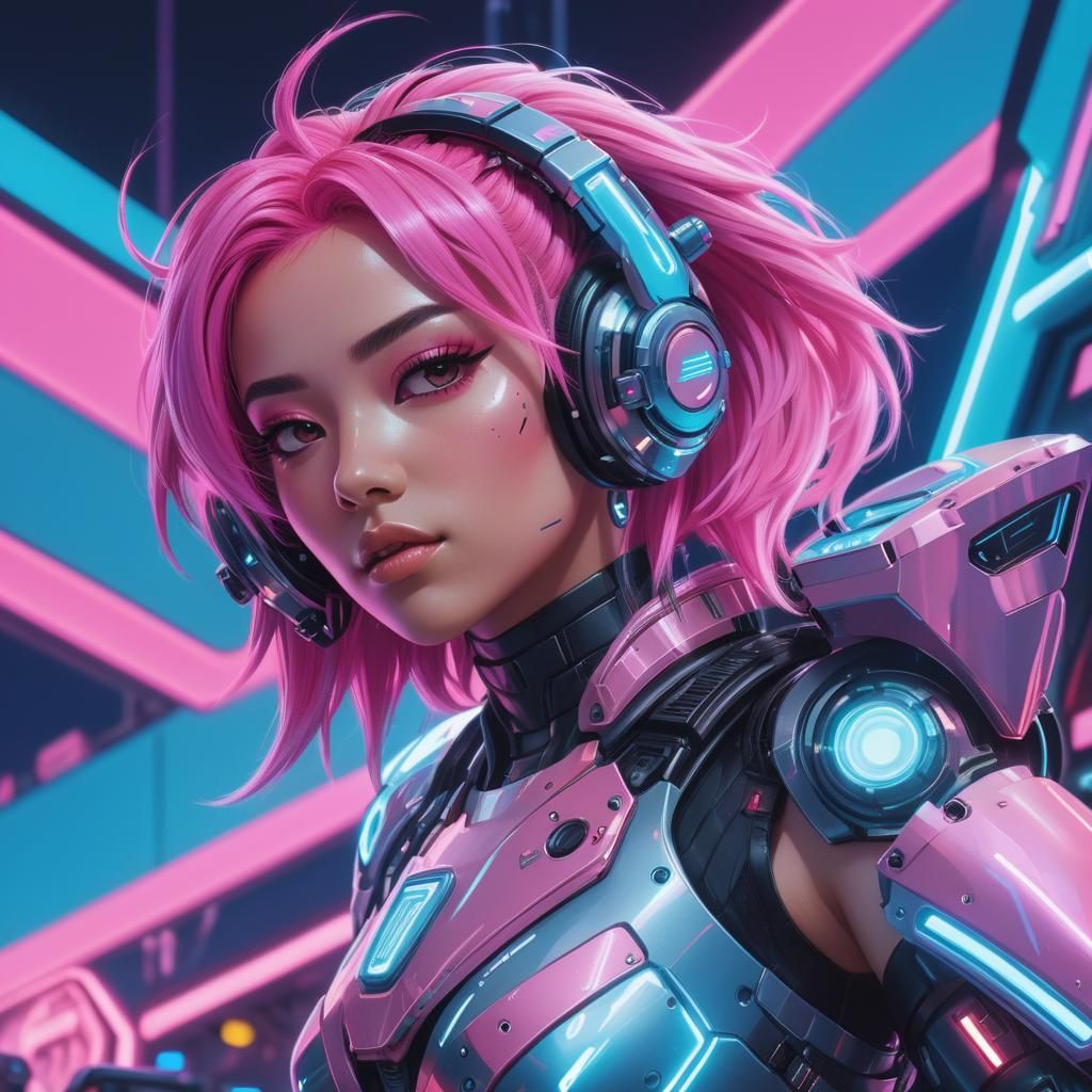 Cyberpunk Latina Streamer in Neon Cityscape