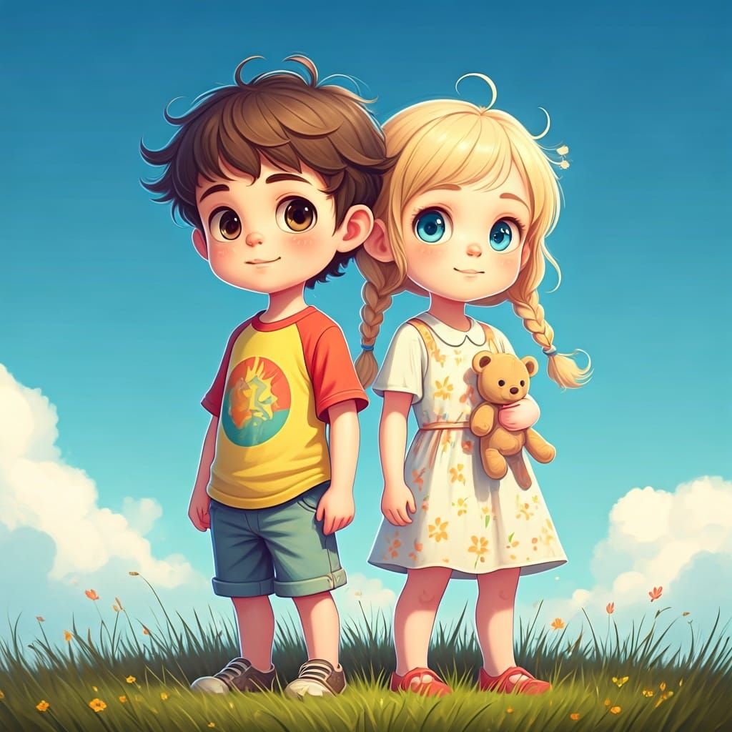 Cartoon Children in Field, Anime-Inspired Illustration
