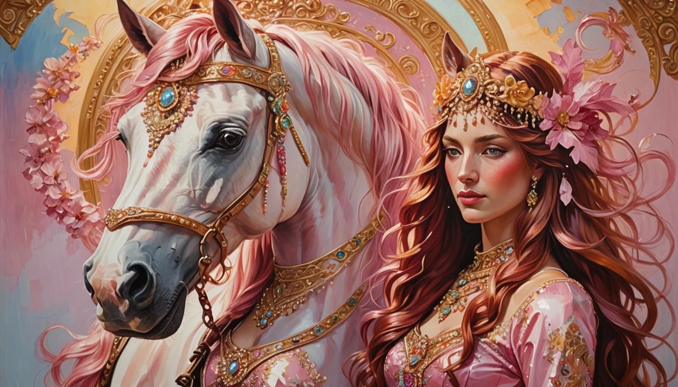 Pink Horse and Lady in Vibrant Oil Painting
