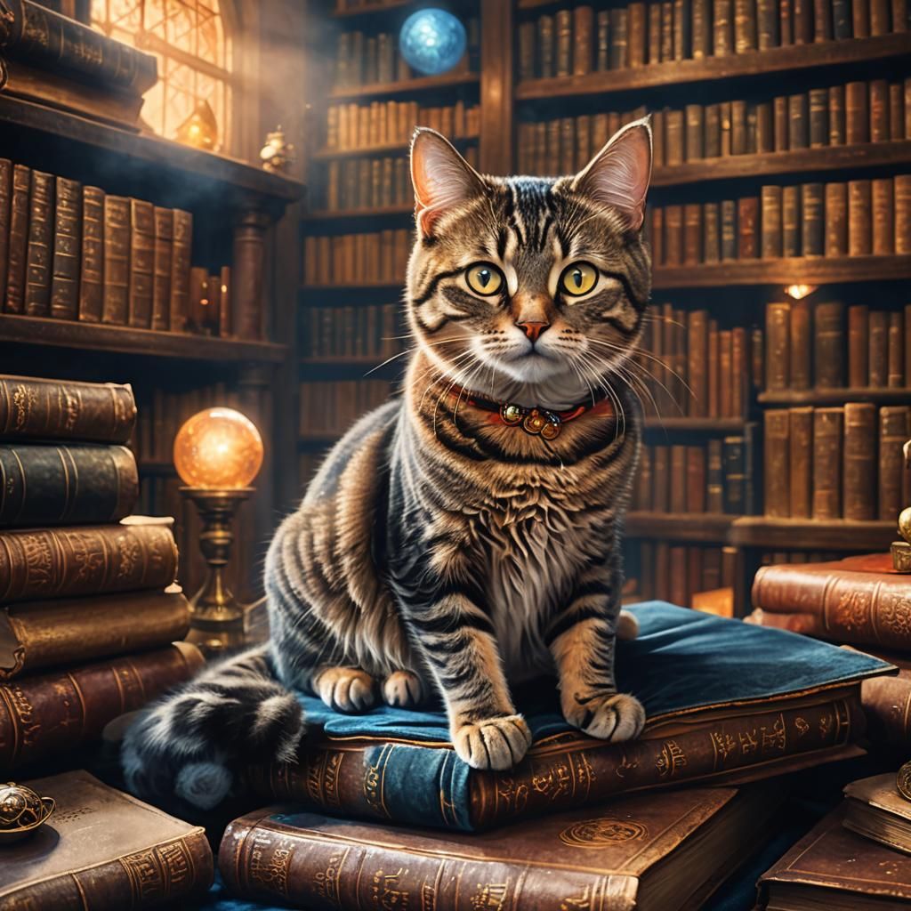 Mystical Tabby Cat in Fantasy Library