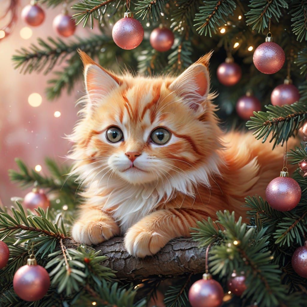 Cute Fluffy Kitten Under Christmas Tree, Digital Painting