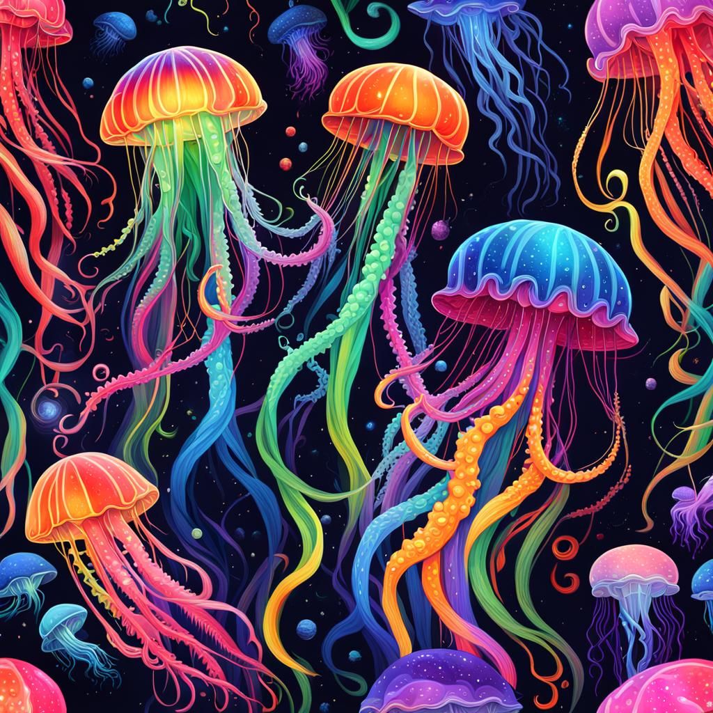 Neon Rainbow Jellyfish with a Universe Inside