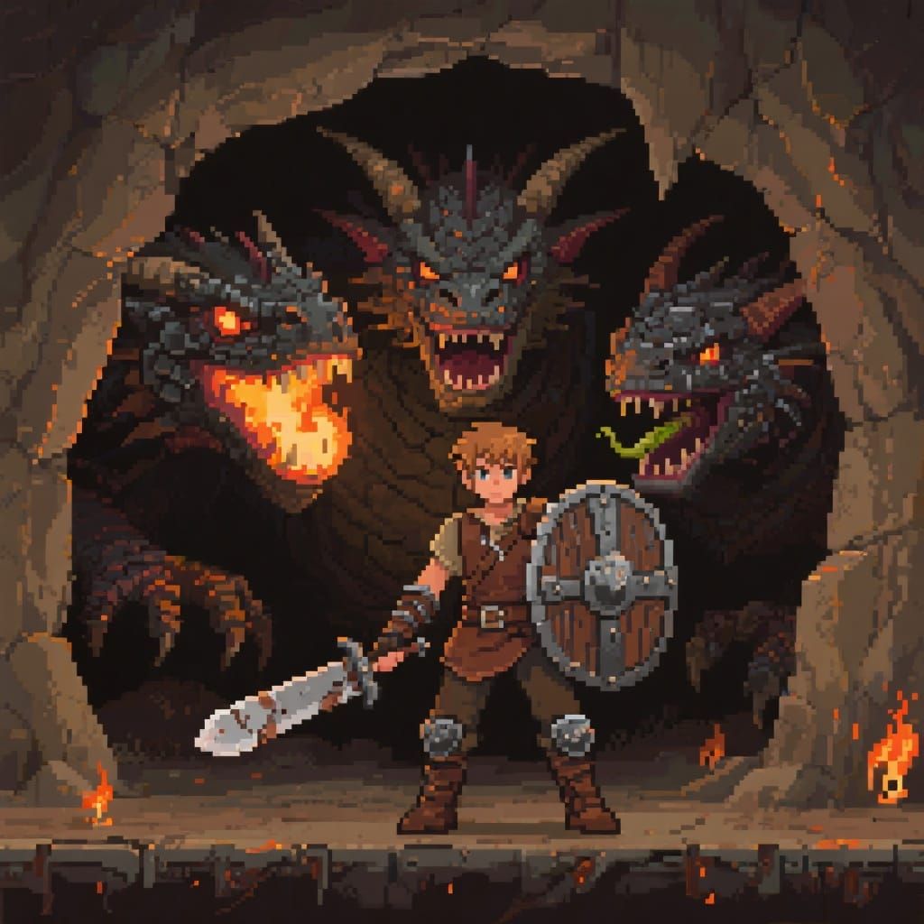 Hero Confronts Three-Headed Dragon: 16-bit Pixel Art