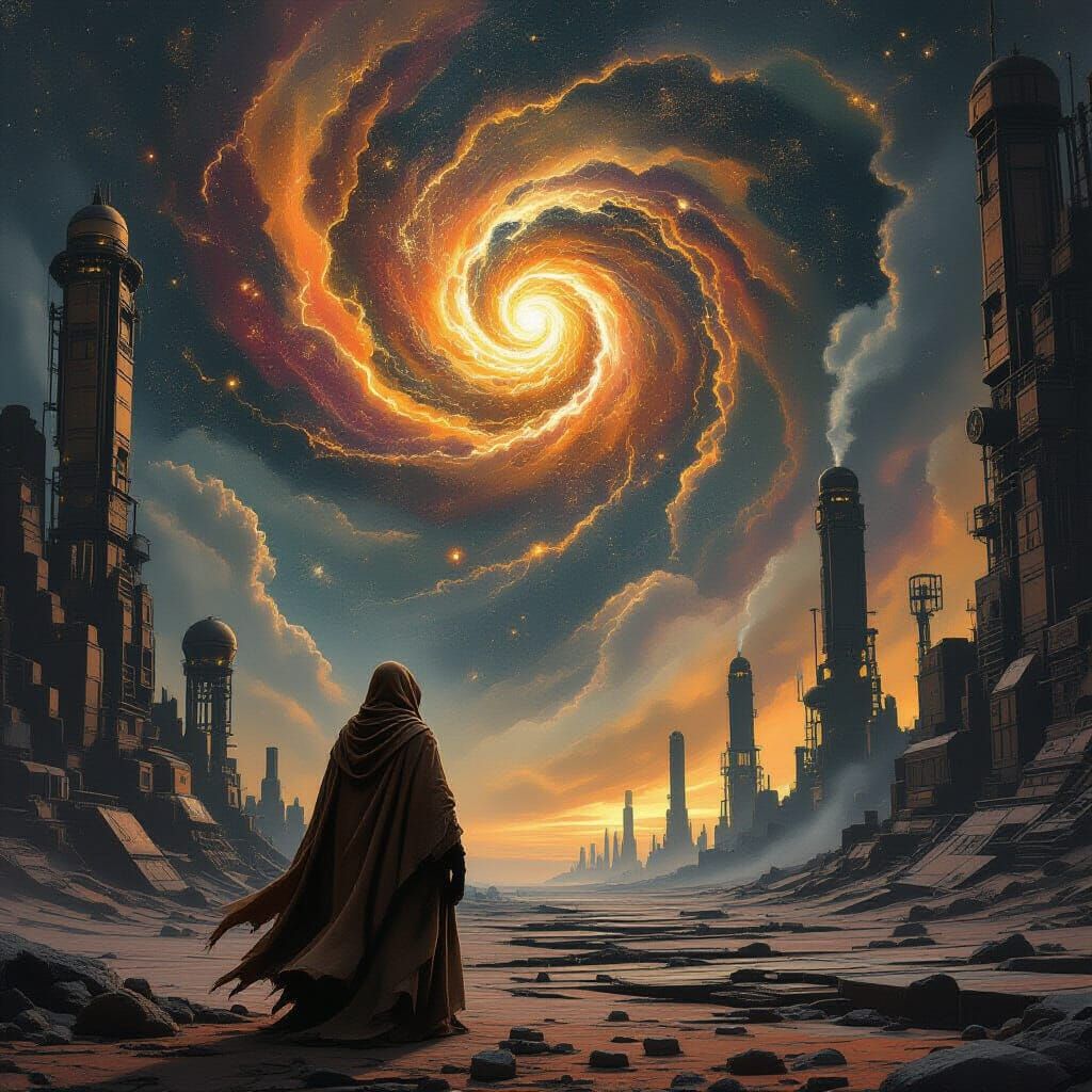 Metallic Planet with Oil Nebula in Surrealist Style